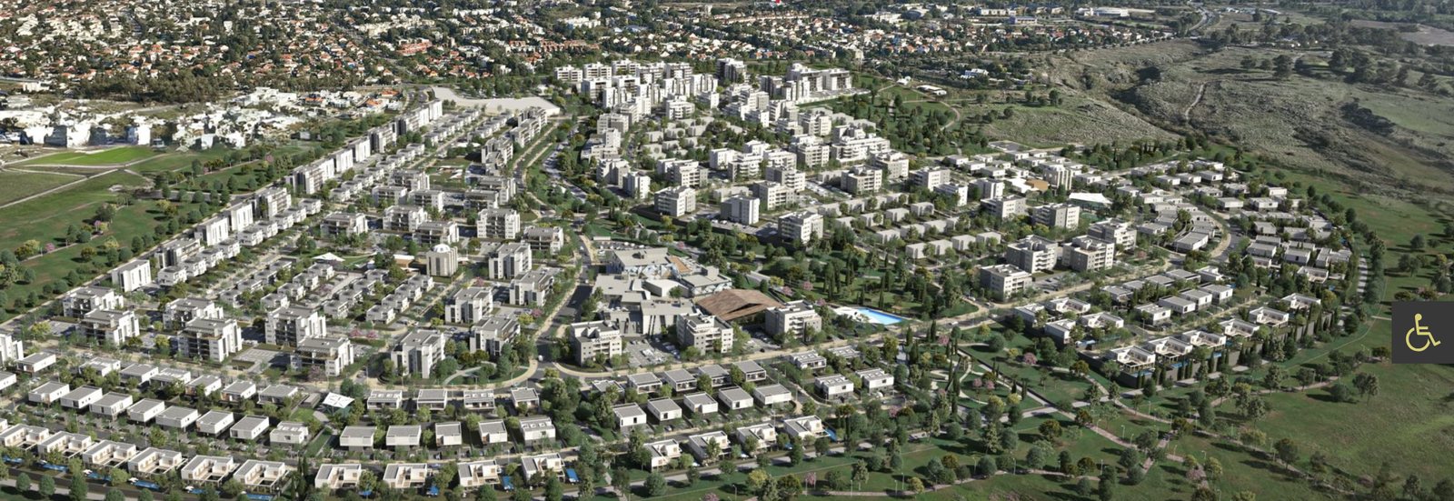 הדמיית תכנון אווירית של שכונת מגורים חדשה בקצרין, עם מאות יחידות דיור, שבילים וגינון